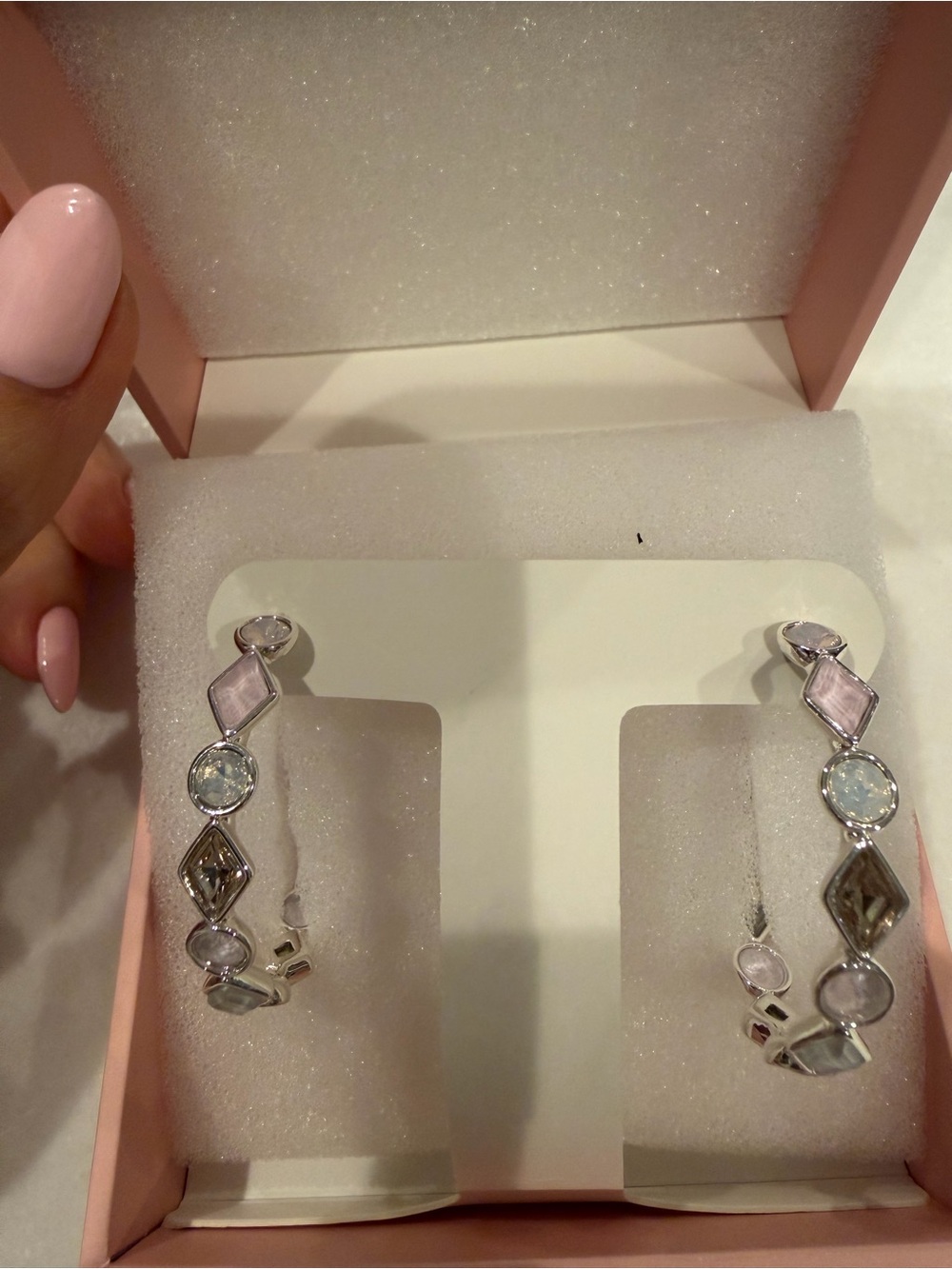 Jewel Candy Silver Multi-Stone Hoop Earrings in Pastel Pink and Gray - Picture 2 of 4